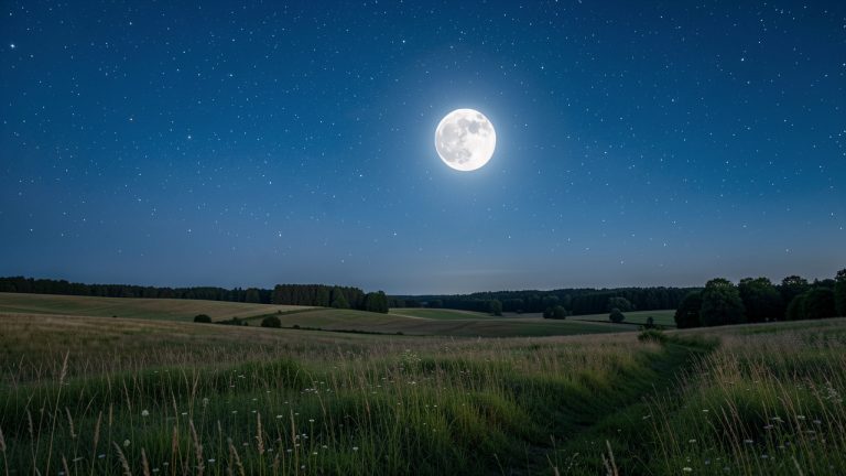 Une pleine lune lumineuse éclaire un paysage d'été nocturne composé de champs, d'herbes sauvages et d'une ligne d'arbres sous un ciel étoilé.