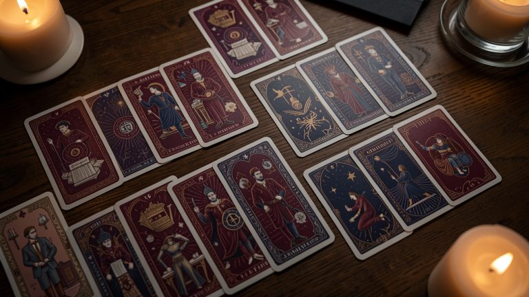 Plusieurs cartes de tarot identiques disposées en motif répétitif sur un bureau en bois sombre, évoquant une réflexion sur les thèmes récurrents dans le travail.
