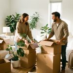 Un homme et une femme aménagent ensemble leur nouvel appartement lumineux, entourés de cartons, de plantes et de meubles chaleureux.