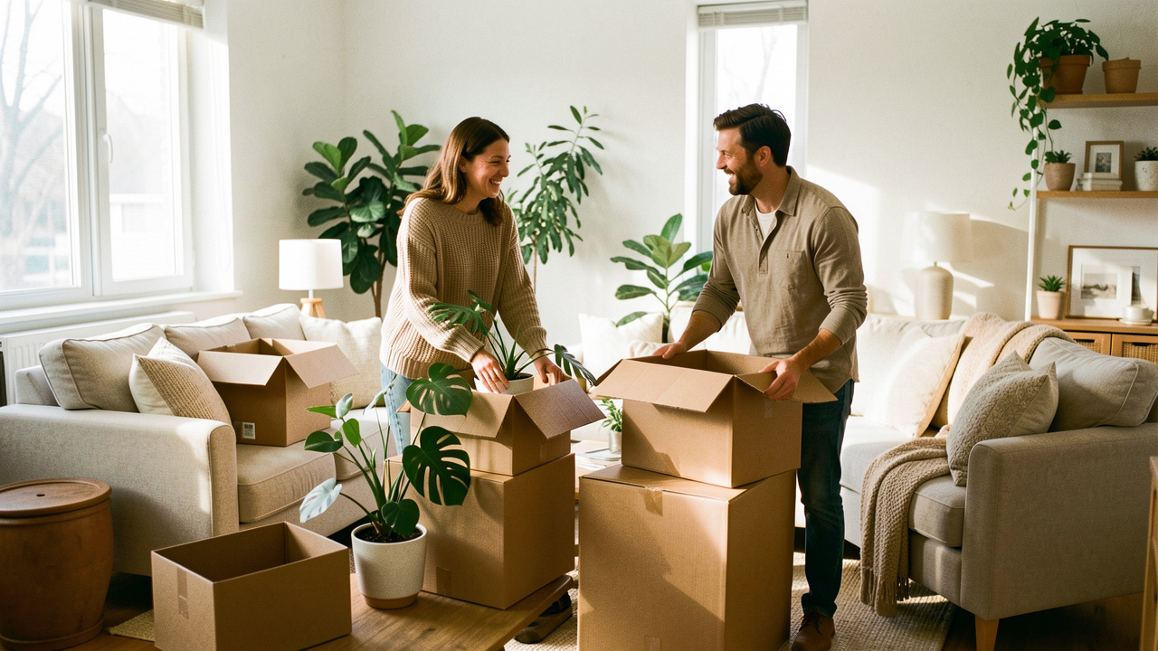 Un homme et une femme aménagent ensemble leur nouvel appartement lumineux, entourés de cartons, de plantes et de meubles chaleureux.