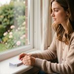 Une jeune femme réfléchit près d’une fenêtre lumineuse, après une rupture, dans une atmosphère douce évoquant la guérison et le fait de tourner la page.