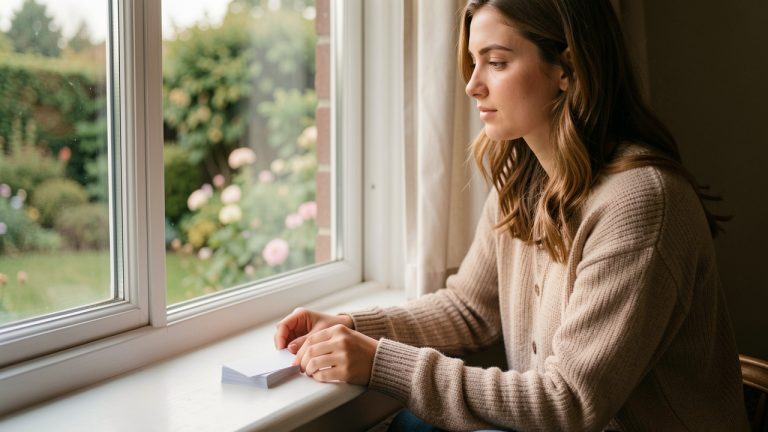 Une jeune femme réfléchit près d’une fenêtre lumineuse, après une rupture, dans une atmosphère douce évoquant la guérison et le fait de tourner la page.