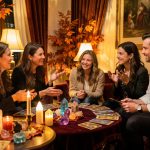 Salon ésotérique lumineux au Rove, avec des visiteurs et des praticiens autour de stands de tarot et de cristaux dans une ambiance automnale chaleureuse.