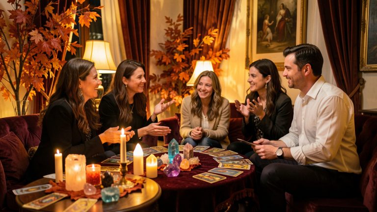 Salon ésotérique lumineux au Rove, avec des visiteurs et des praticiens autour de stands de tarot et de cristaux dans une ambiance automnale chaleureuse.