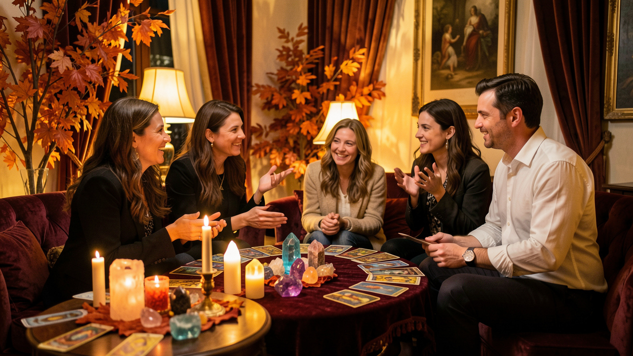 Salon ésotérique lumineux au Rove, avec des visiteurs et des praticiens autour de stands de tarot et de cristaux dans une ambiance automnale chaleureuse.