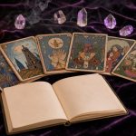 Table de voyance lumineuse présentant des cartes de tarot, un pendule, des cristaux, une bougie allumée et un carnet ouvert aux pages vierges.
