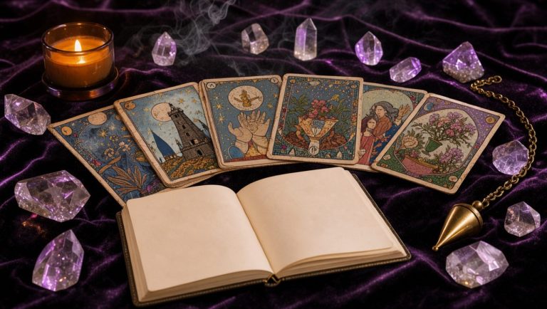 Table de voyance lumineuse présentant des cartes de tarot, un pendule, des cristaux, une bougie allumée et un carnet ouvert aux pages vierges.
