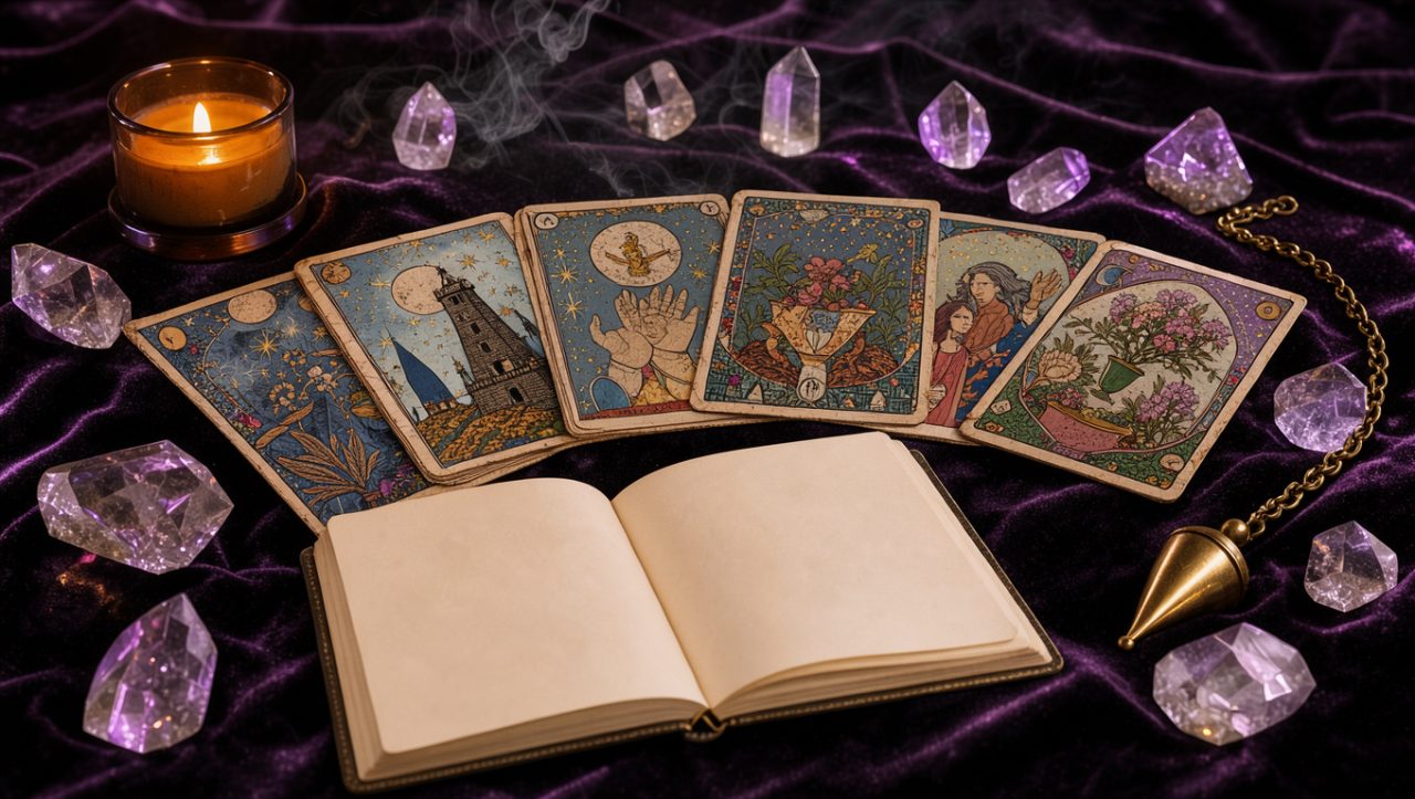 Table de voyance lumineuse présentant des cartes de tarot, un pendule, des cristaux, une bougie allumée et un carnet ouvert aux pages vierges.