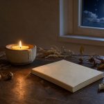 Table de rituel nocturne près d’une fenêtre, avec un carnet vierge, une bougie allumée et une pleine lune lumineuse dans un ciel bleu profond.
