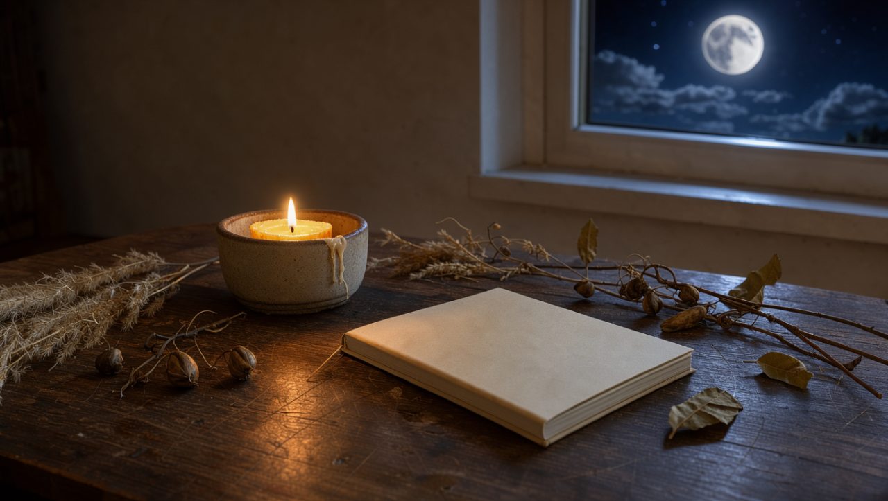 Table de rituel nocturne près d’une fenêtre, avec un carnet vierge, une bougie allumée et une pleine lune lumineuse dans un ciel bleu profond.